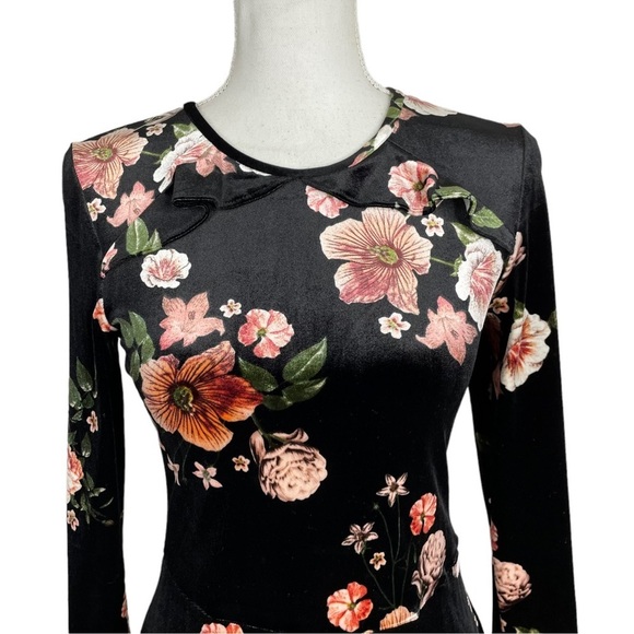 Topshop Velvet Flippy Dress Black Floral Dress Frill Neck Tie Wrist Long Sleeve - Picture 7 of 12